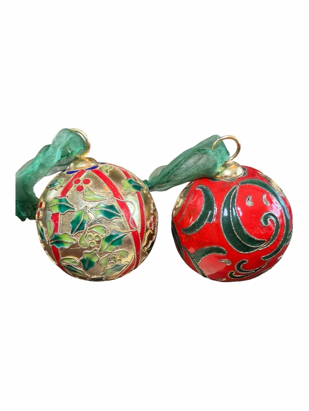Vintage Precious Cloisonne Christmas Ornaments Set of 2 Red Gold Holly Bow
